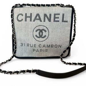 CHANEL COCOMARK Deauville Gray Canvas Crossbody with Black Trim and Chain Strap